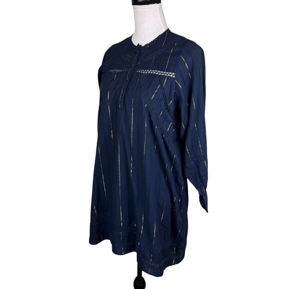 DRA Los Angeles Navy Gold Metallic Striped Eyelet Long Sleeve Shift Mini Dress - Picture 3 of 12